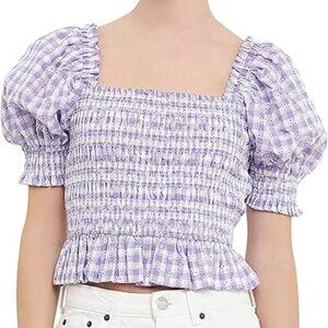 English Factory Smocked Gingham Blouse Medium Purple NEW NWT